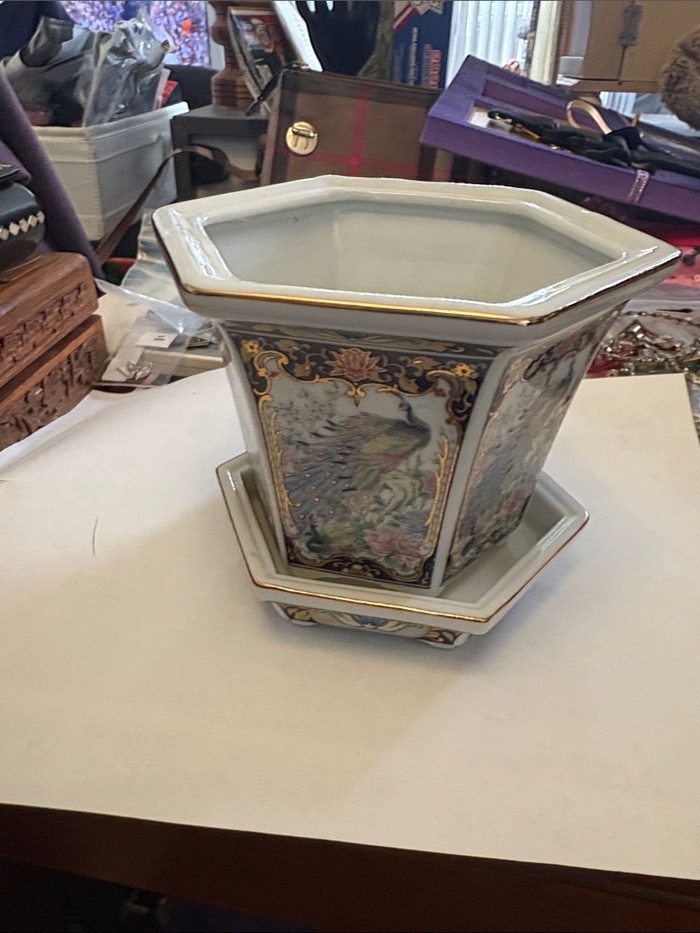 Vintage  Hexagonal Peacock Porcelain Planter With Drainage Tray